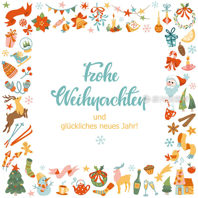 冬季图标方形框架与字母“Frohe Weihnachten”